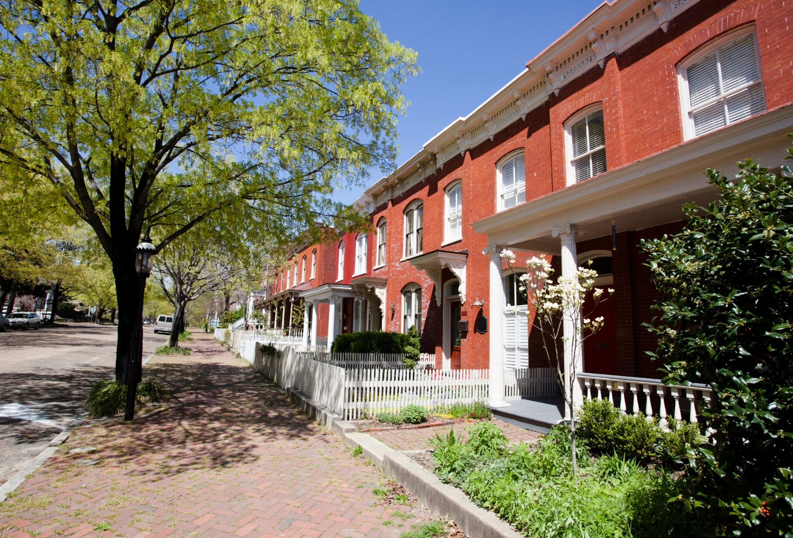 Row houses in Richmond, Virginia with some natural shade from trees.