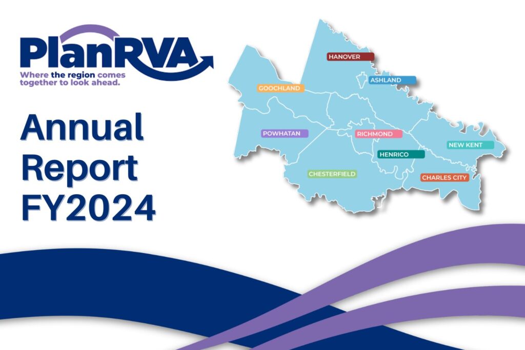 Image of Annual Report cover page: Logo top left, Localities map with colored labels top right, curved crossing lines across the bottom, resembling waves. Text: Annual Report 2024