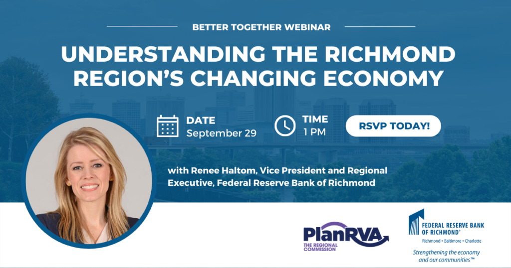 Tune in on Thursday, Sept. 29 at 1 p.m. for an engaging conversation about local, regional, and national economic trends from by Renee Haltom, Vice President and Regional Executive at the Federal Reserve Bank of Richmond.