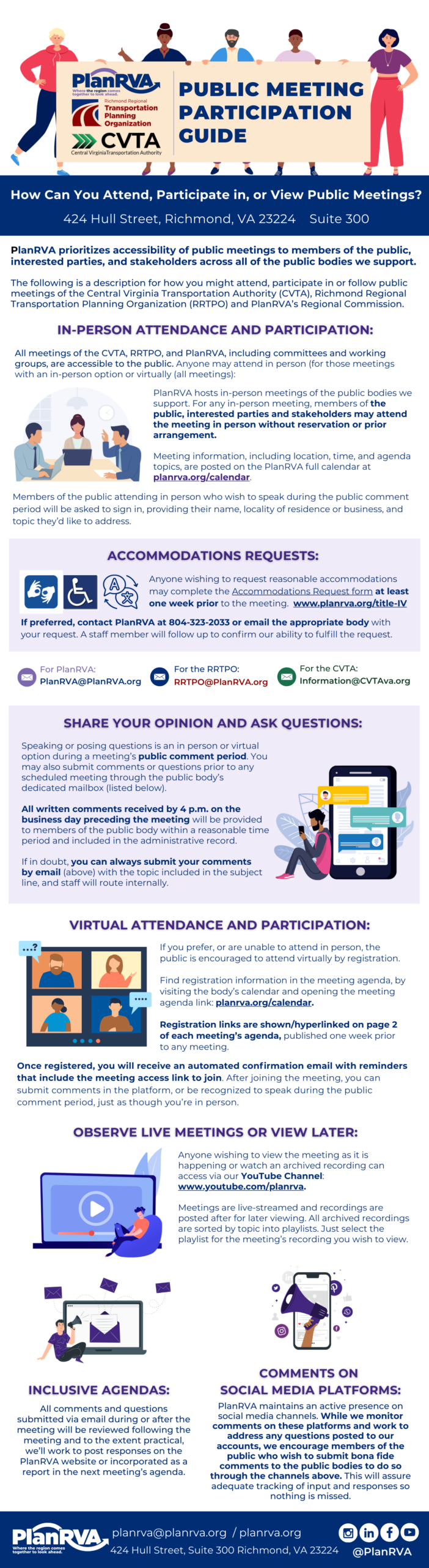 Visual graphic with information about public meeting participation guidance for the public - identical information found in linked document to the right of image (Public Meeting Participation Guide)