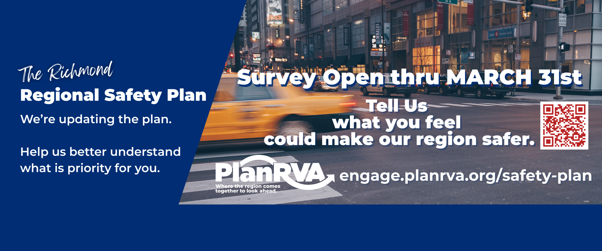 Urban streetscape with blurred traffic and crosswalks. Safety Plan Survey open thru March 31: engage.planrva.org/saety-plan