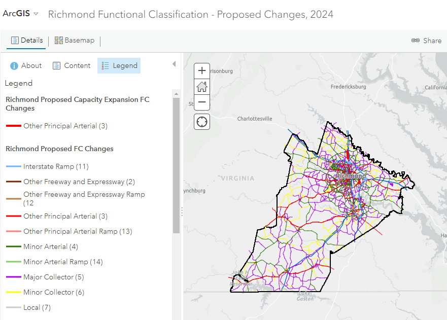 Split screen of the Richmond Functional Classification Map with color coded lines corresponding to roadways shown on the map of VDOT's Richmond District