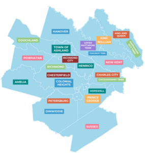 Map of the Richmond Metropolitan Service Area, including locality and Tribe labels over geographic boundaries/regions.