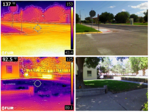 These images from the NIHHIS Urban Heat Island Mapping Campaign in Las Cruces, NM, show how the temperature can differ greatly (by 44.5 °F) between shaded grass and exposed pavement. Credit: David DuBois.